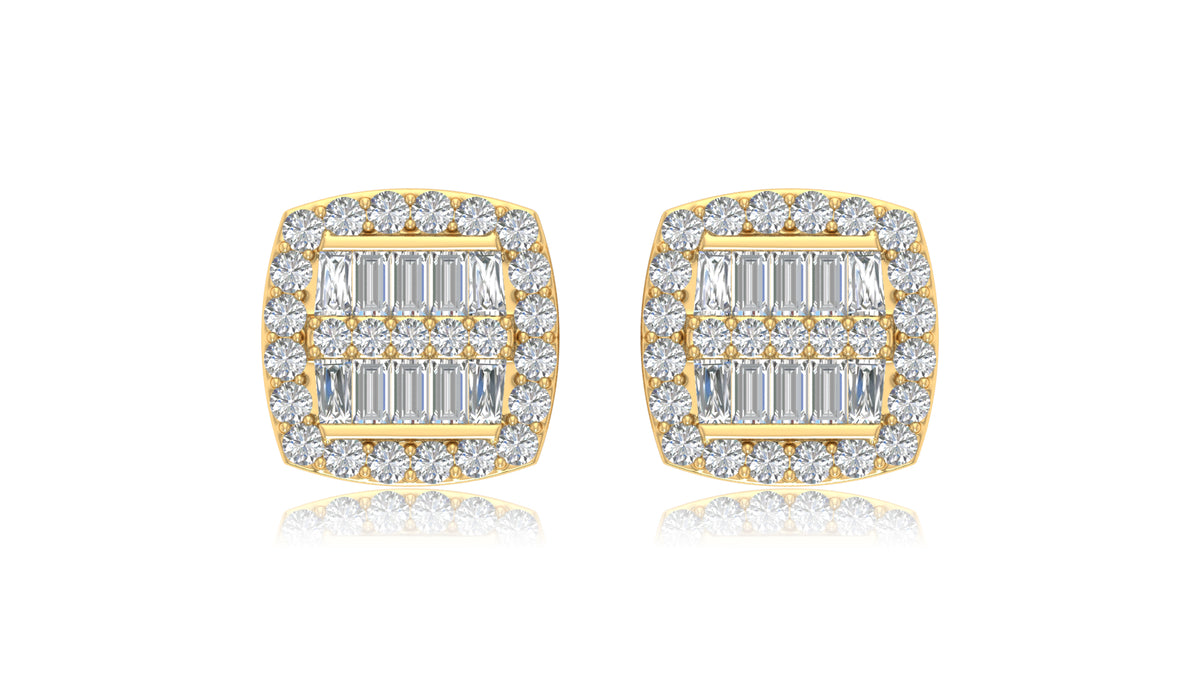 14K Yellow Gold Baguette and Round Diamond Stud Earrings
