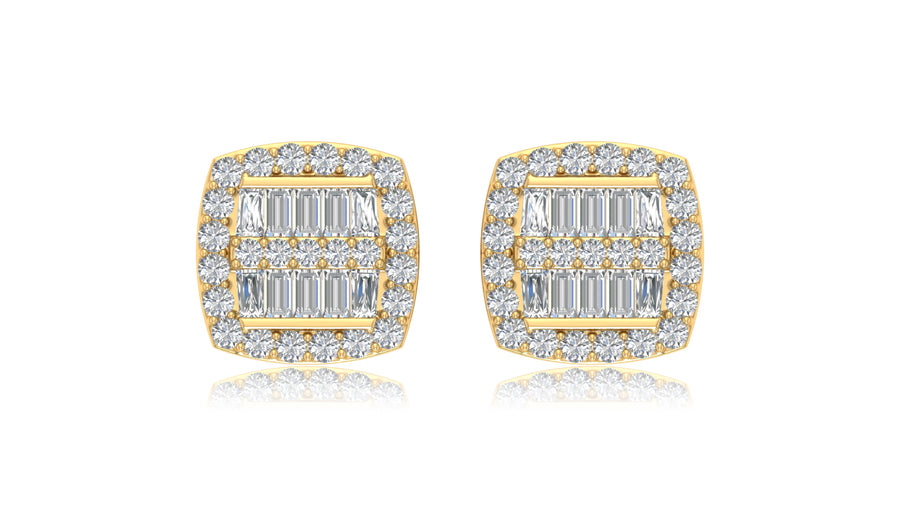 14K Yellow Gold Baguette and Round Diamond Stud Earrings