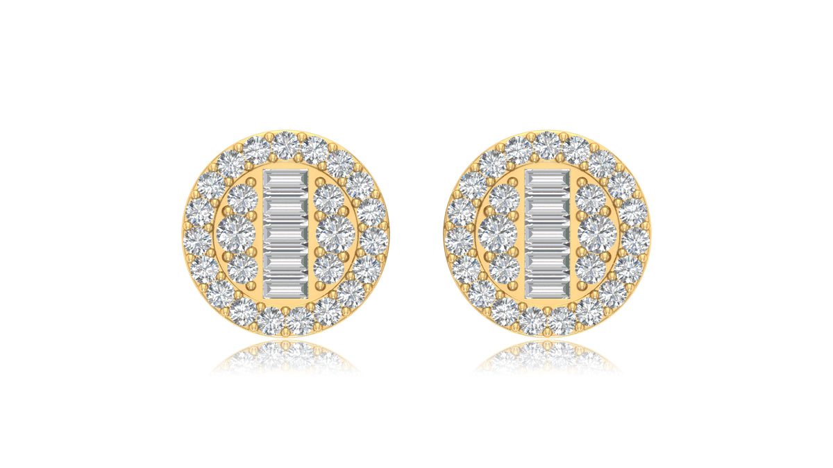 14K Yellow Gold Round Halo Baguette Diamond Stud Earrings
