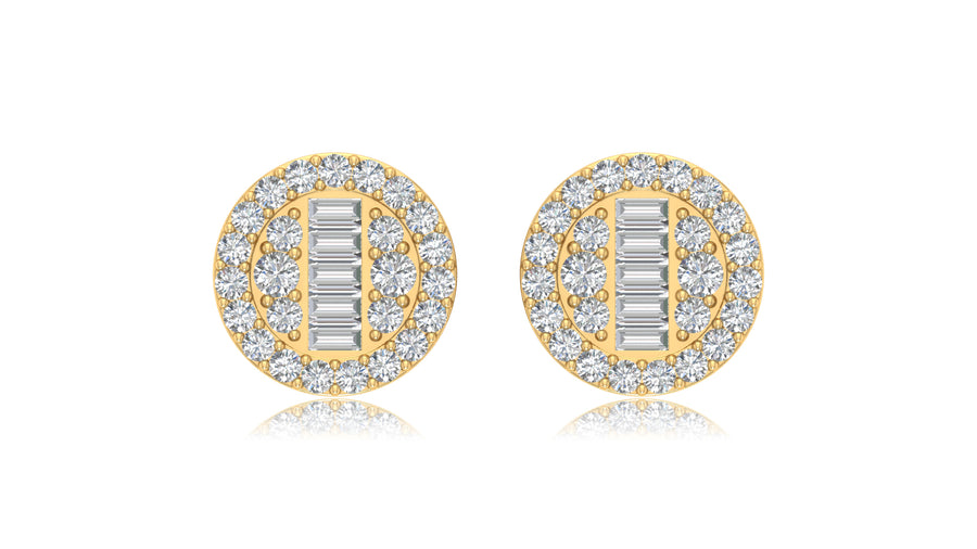 14K Yellow Gold Round Halo Baguette Diamond Stud Earrings