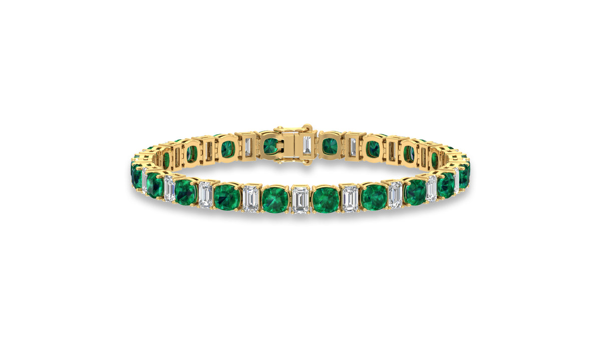 14K Yellow Gold Green Emerald and Diamond Tennis Bracelet