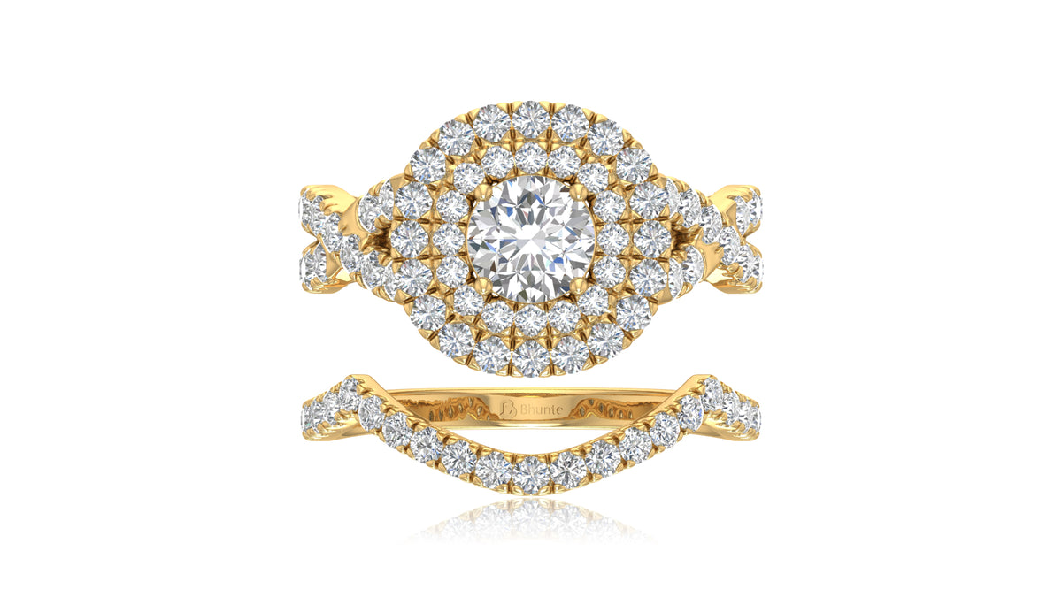 14K Yellow Gold Halo Diamond Engagement Ring Set