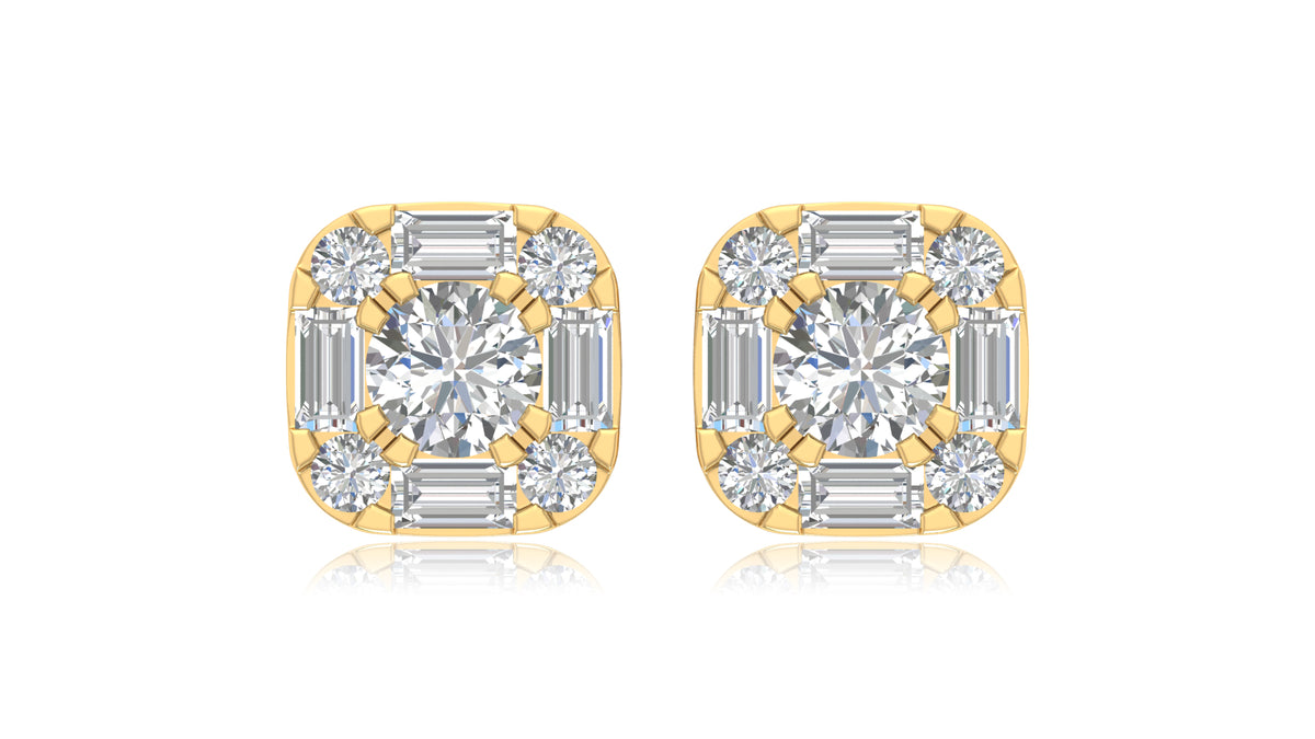14K Yellow Gold Cushion Halo Diamond Stud Earrings