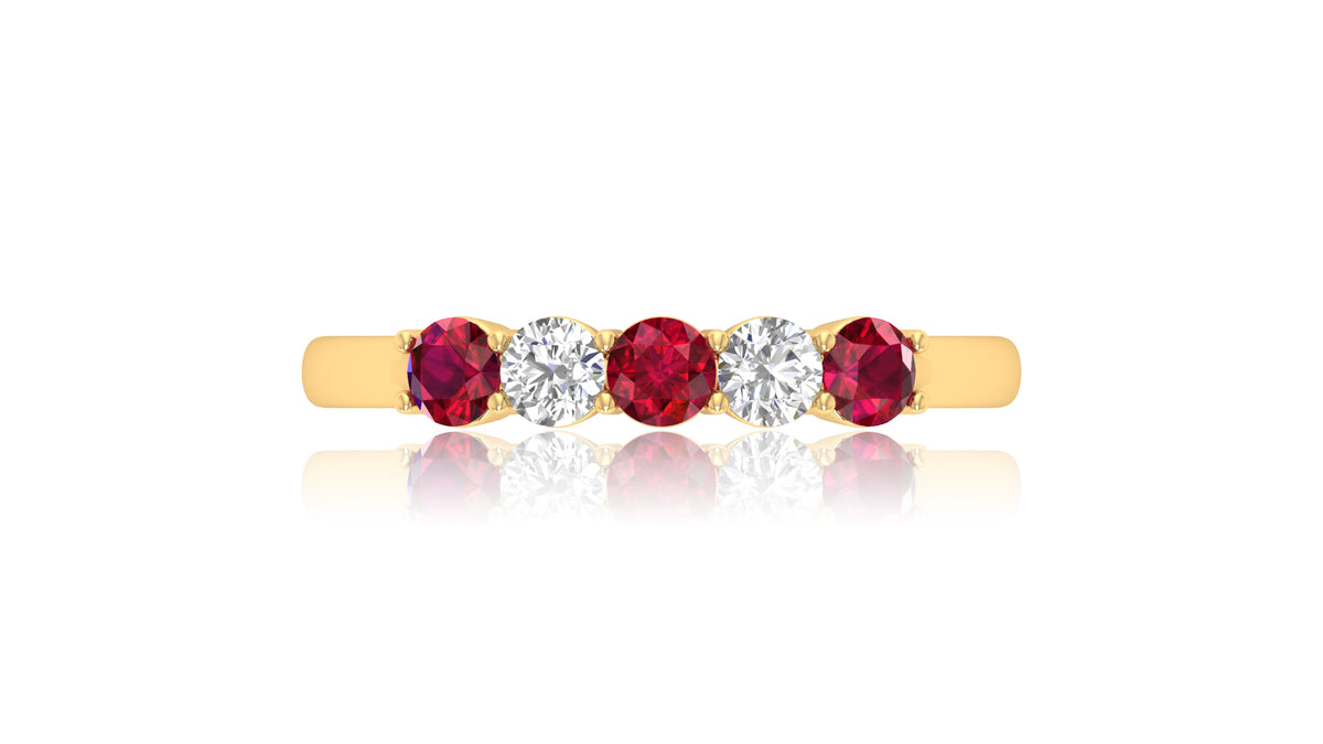 14K Yellow Gold Gold Ruby Gemstone and Diamond Five-Stone Ring