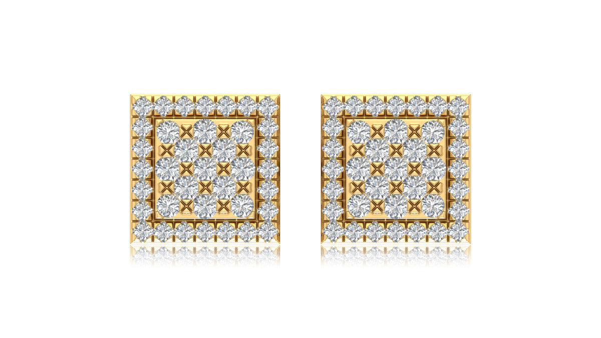 14K Yellow Gold Square Lattice Diamond Stud Earrings