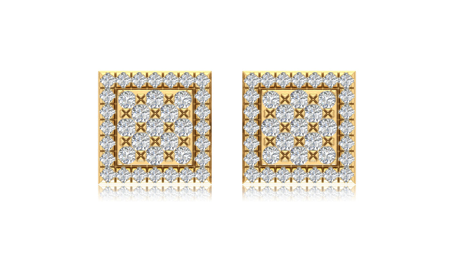 14K Yellow Gold Square Lattice Diamond Stud Earrings
