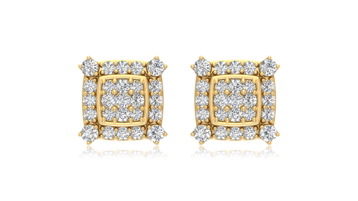 14K Yellow Gold Square Halo Diamond Stud Earrings