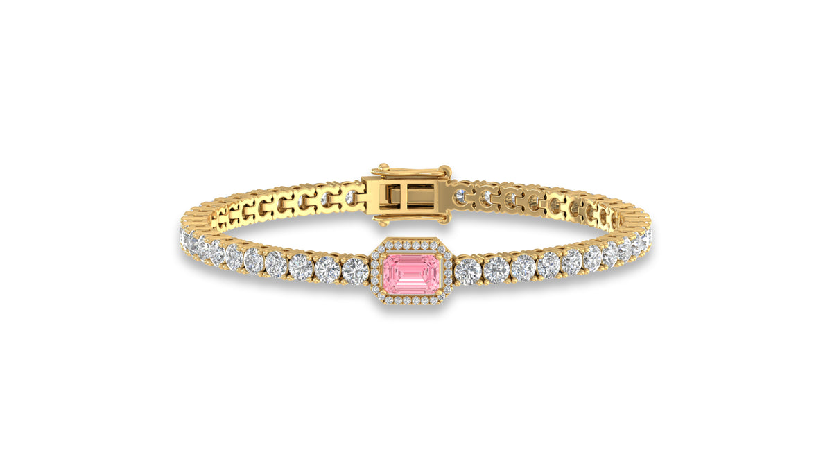 14K Yellow Gold Emerald Cut Pink Stone Diamond Bracelet