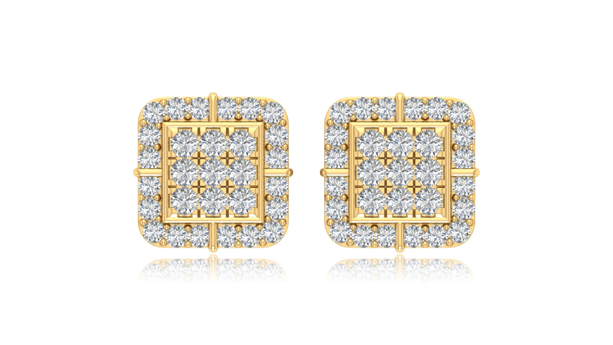 14K Yellow Gold Square Halo Diamond Stud Earrings