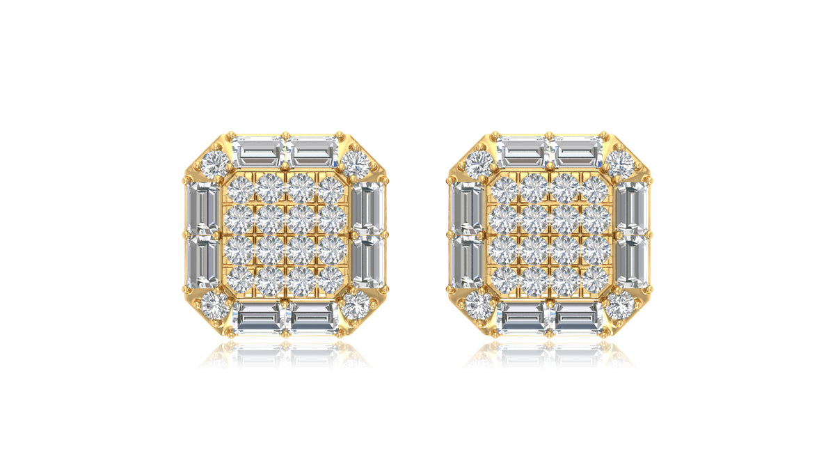 14K Yellow Gold Octagon Halo Baguette Diamond Stud Earrings