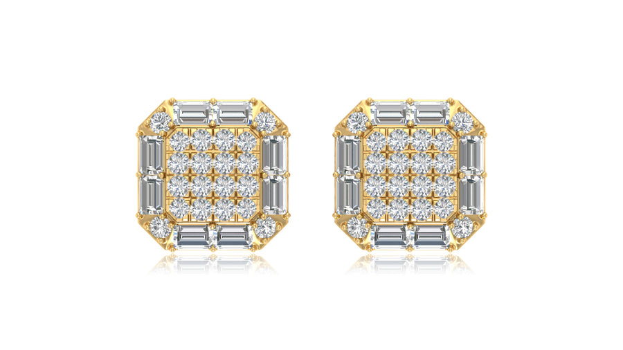 14K Yellow Gold Octagon Halo Baguette Diamond Stud Earrings