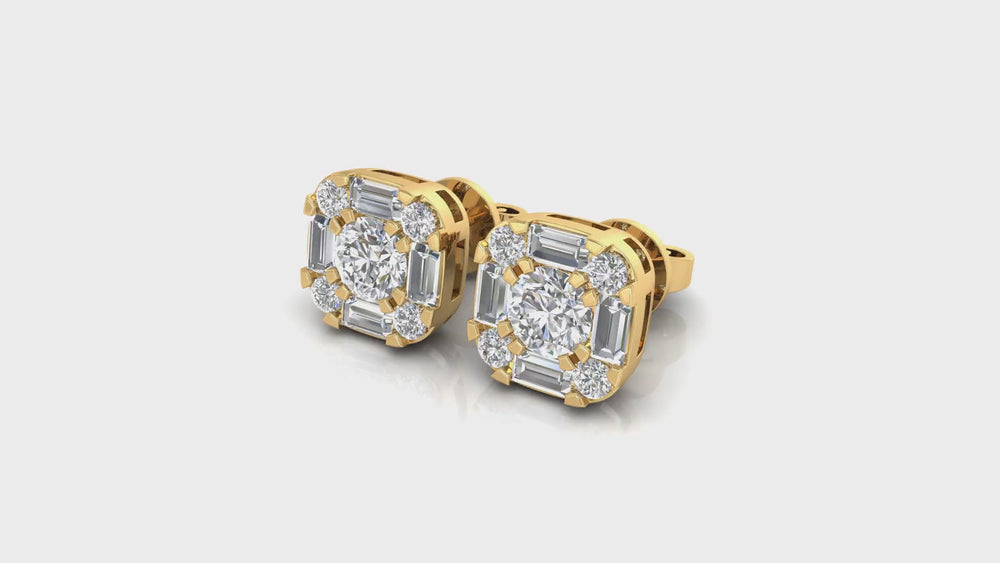14K Yellow Gold Cushion Halo Diamond Stud Earrings
