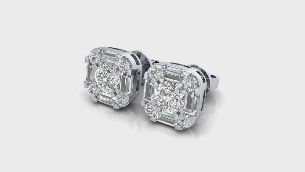 14K White Gold Cushion Halo Diamond Stud Earrings