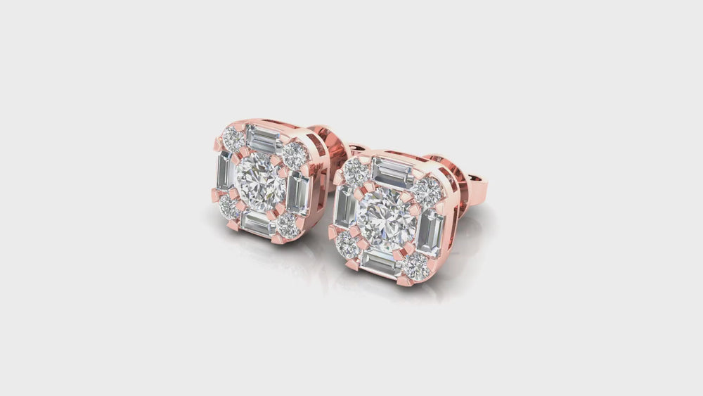 14K Rose Gold Cushion Halo Diamond Stud Earrings